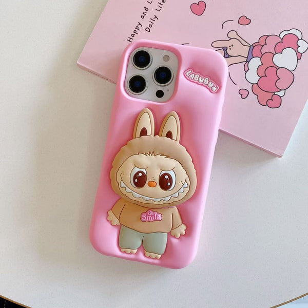 Labubu Cute Cartoon Rabbit Silicone Phone Case with Holder – iPhone 13 14 15 16 17 Pro Max