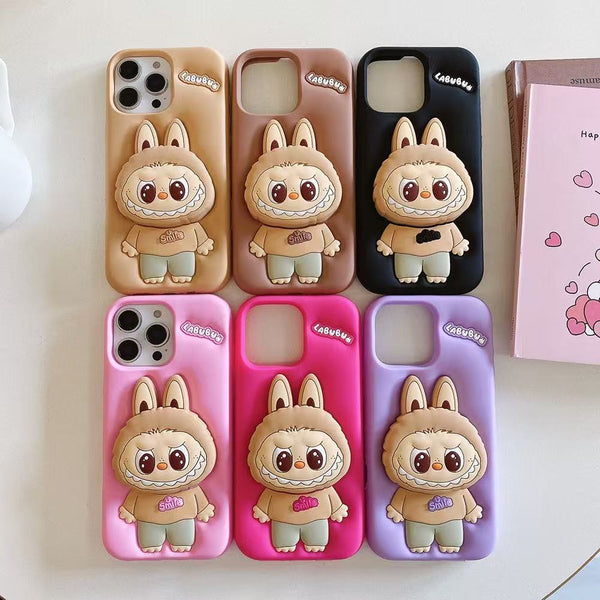 Labubu Cute Cartoon Rabbit Silicone Phone Case with Holder – iPhone 13 14 15 16 17 Pro Max